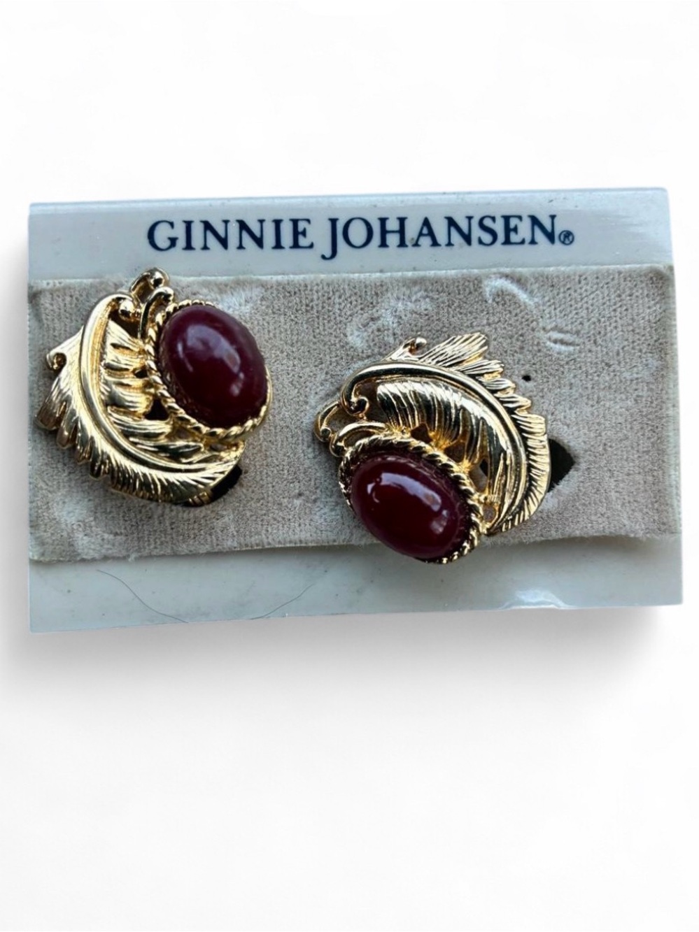 Ginnie Johansen Gold-Tone Feather Earrings with Deep Red Cabochons